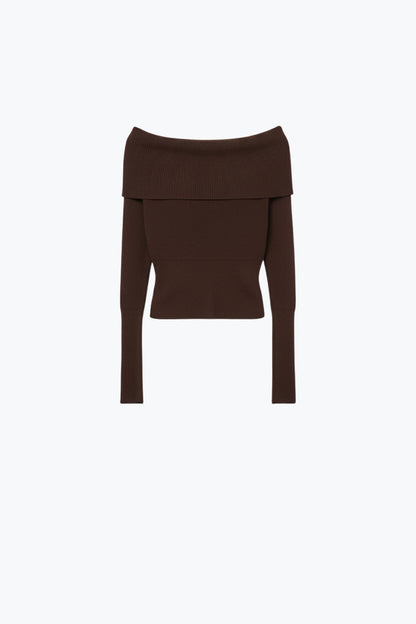 Q2 brown fine ribbed knit sweater with wide boat neck
