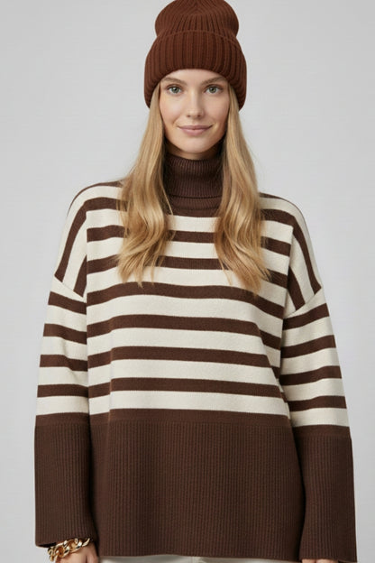 Brown oversized turtleneck sweater with white stripes and splits on the side