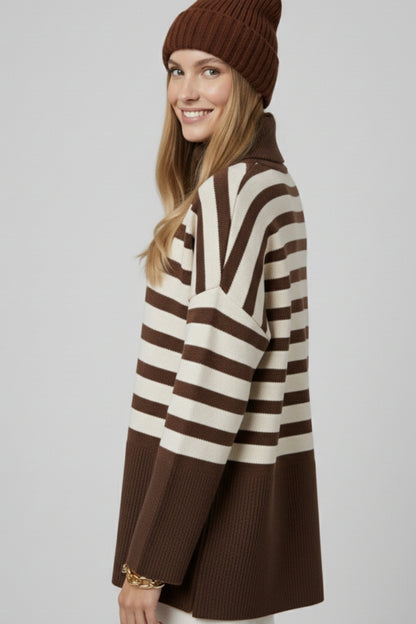 Brown oversized turtleneck sweater with white stripes and splits on the side