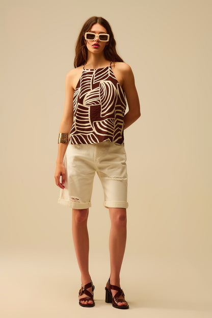 Brown Sleeveless Halter Top with White Leaf Print
