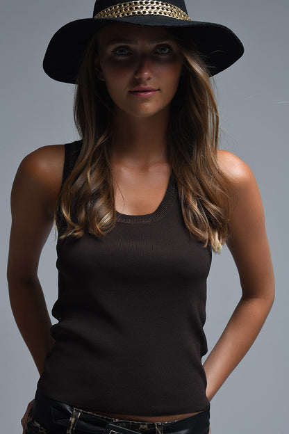Brown Sleeveless Knit Top with Metallic Trim