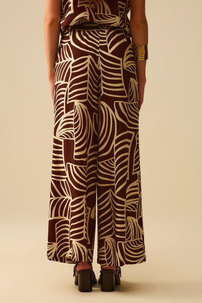 Brown Wide Leg Trousers with White Leaf Print