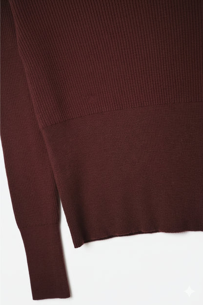 burgundy fine ribbed knit sweater with wide boat neck