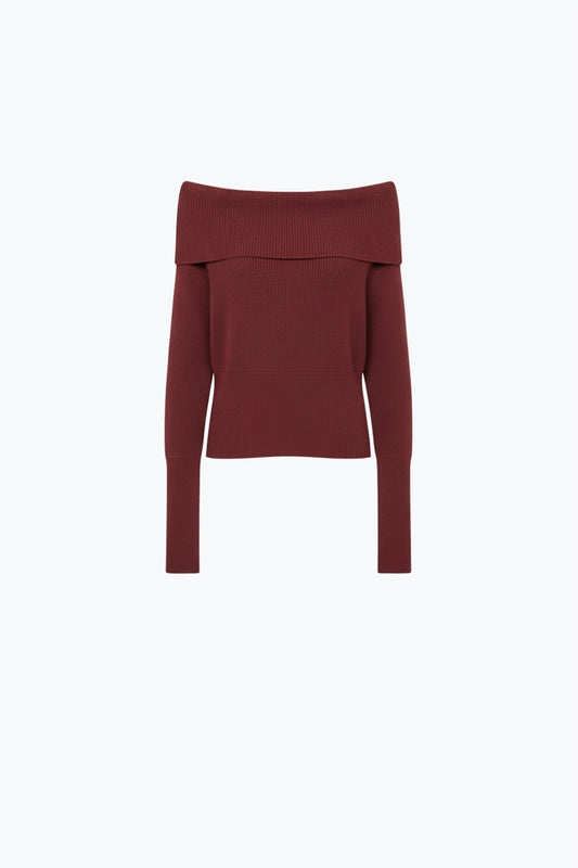 Q2 burgundy fine ribbed knit sweater with wide boat neck