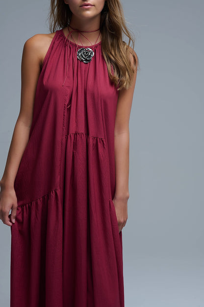 Burgundy Halter Neck Maxi Dress With Seam Detailing