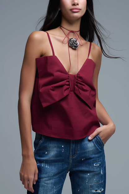 Burgundy poplin crop top with bow detail