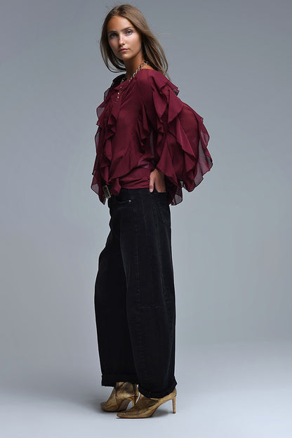 Burgundy V-Neck All Over Ruffle Blouse