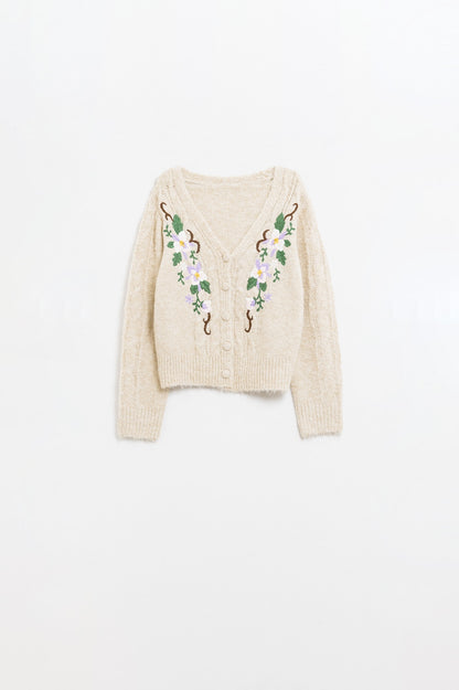 Q2 Cable Knit Beige Cardigan With embroidered Flowers