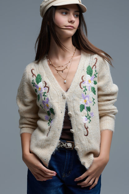 Cable Knit Beige Cardigan With embroidered Flowers