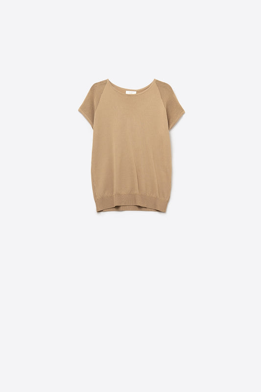 Q2 Camel Ribbed Short Sleeve Sweater with knitted mesh on the shoulder