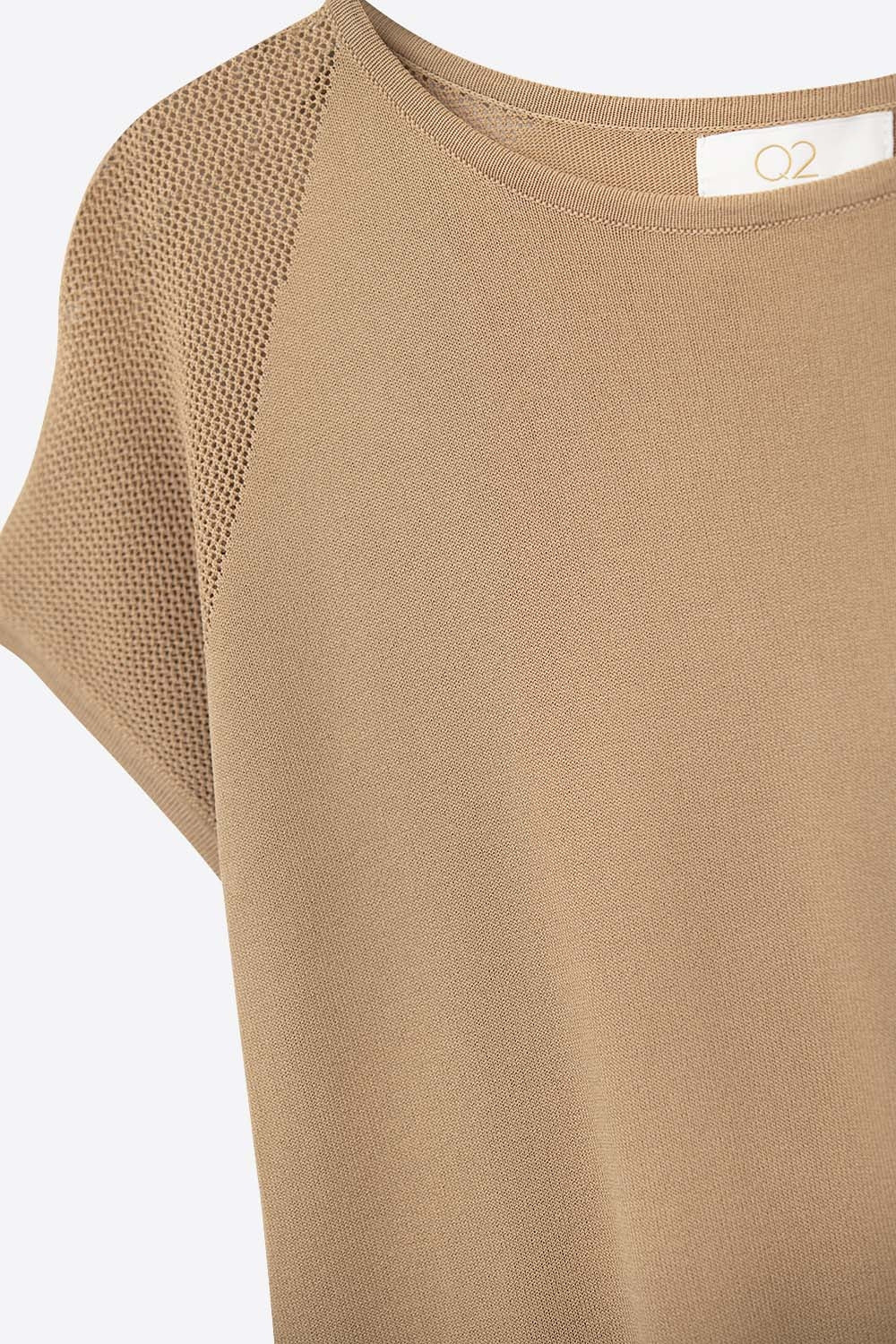 Camel Ribbed Short Sleeve Sweater with knitted mesh on the shoulder