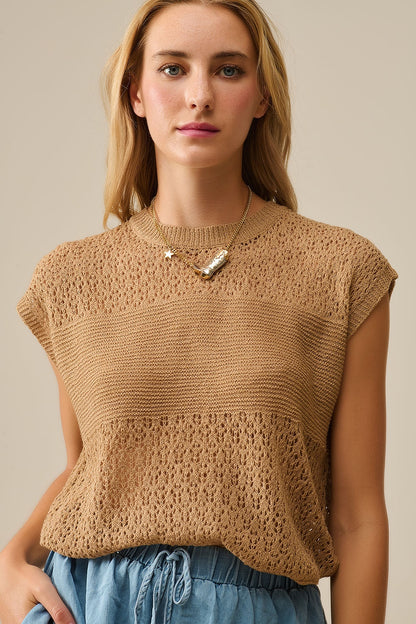 Q2 Camel sweater with soft open knit and dropped sleeves