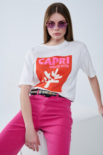 Q2 Capri La Dolce Vita White T-shirt With Graphic Print