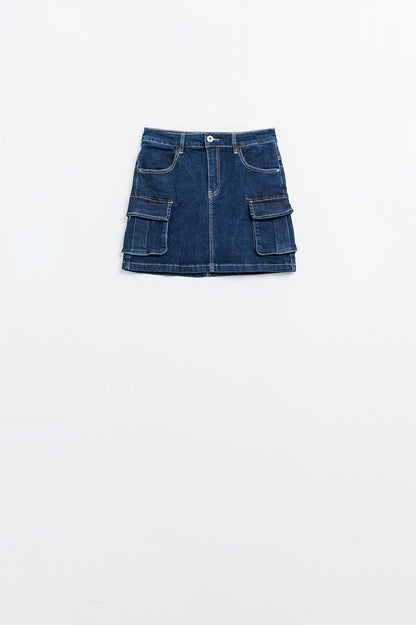 Cargo Denim Skirt in dark Wash With Contrasting Stitching
