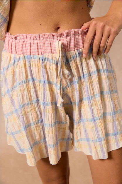 Checkered flowy short with Drawstring Waistband Multi-color