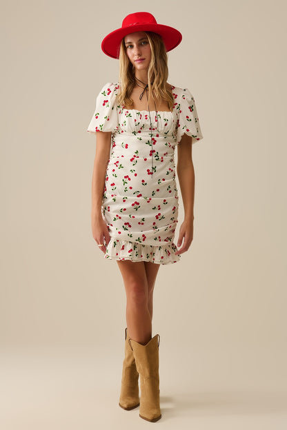Cherry Puff Sleeve Mini Dress