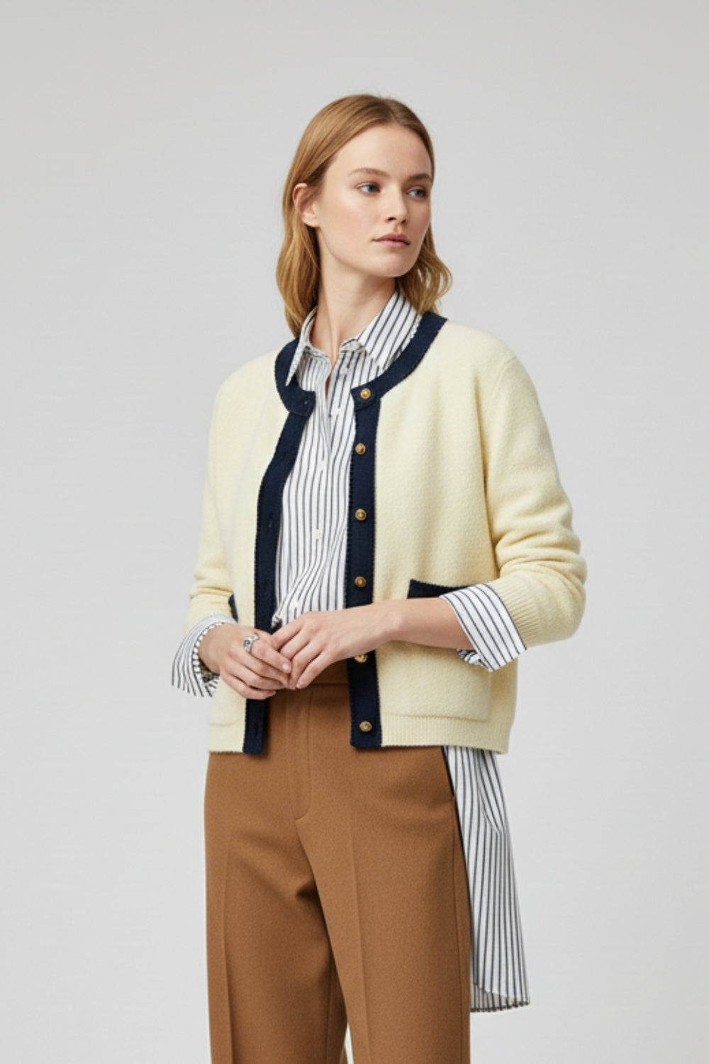 Chic Cream Cardigan with Navy denim Detailing