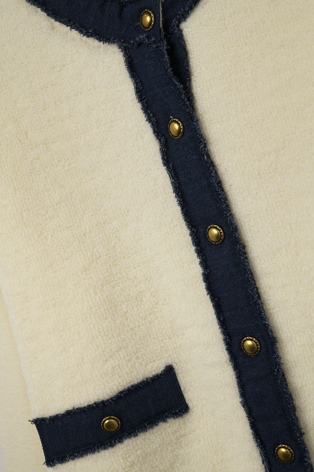 Chic Cream Cardigan with Navy denim Detailing