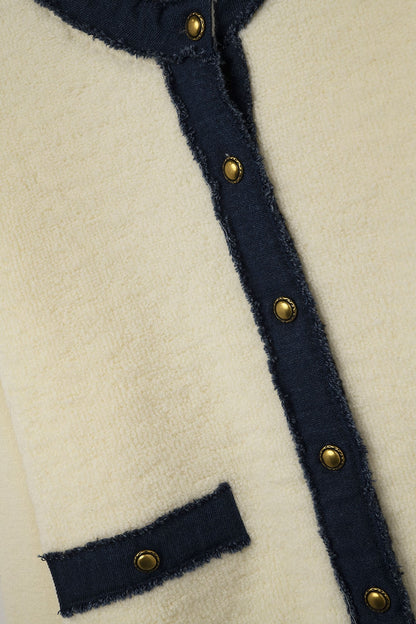 Chic Cream Cardigan with Navy denim Detailing