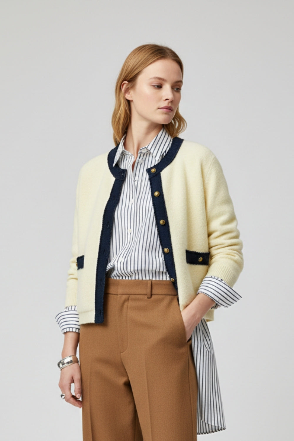 Chic Cream Cardigan with Navy denim Detailing
