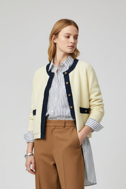 Chic Cream Cardigan with Navy denim Detailing
