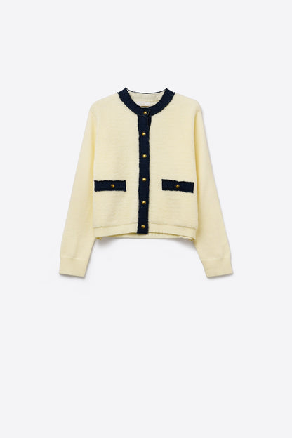 Q2 Chic Cream Cardigan with Navy denim Detailing