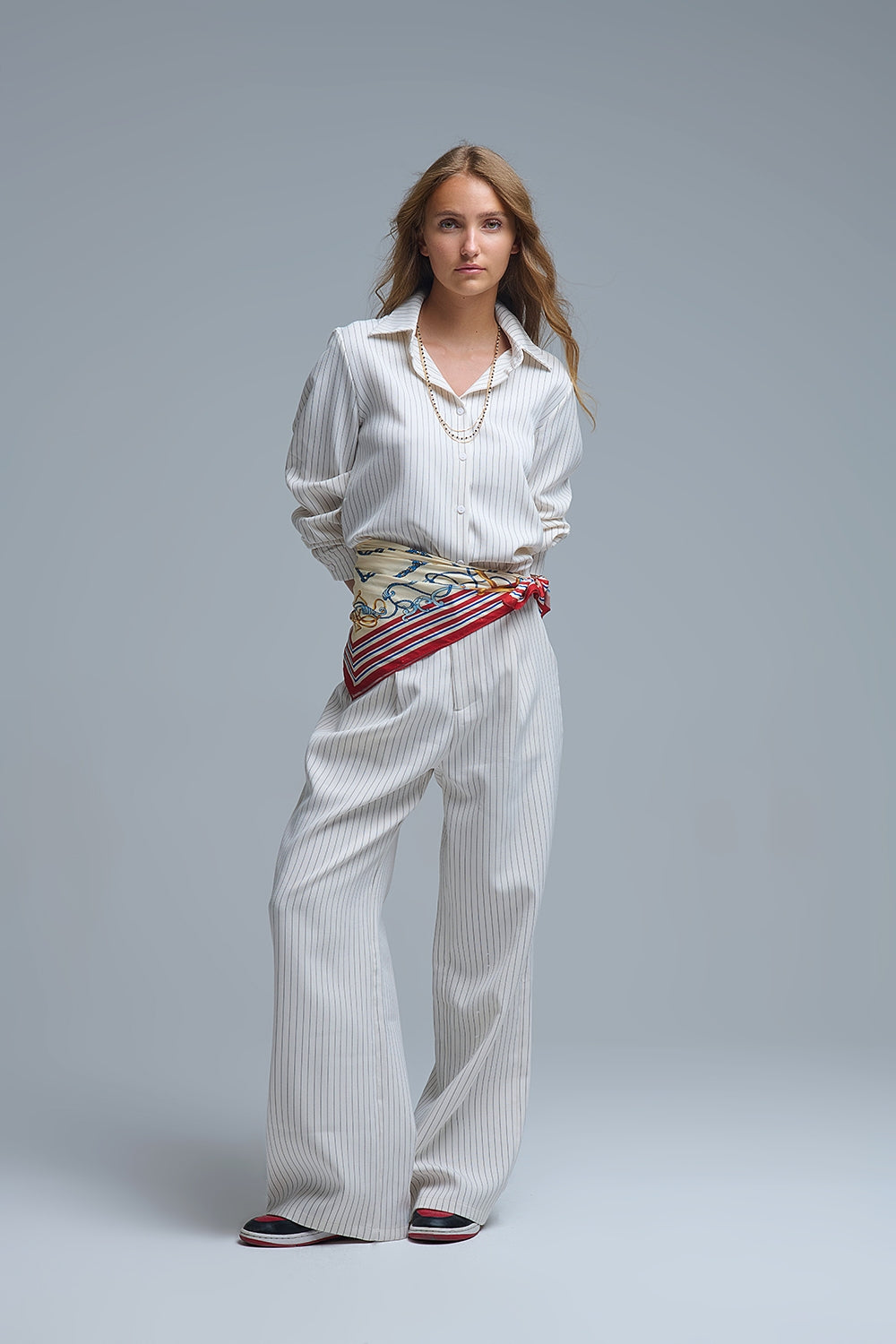 Chic Pinstripe Cream Wide-Leg Pants with Lined Fit