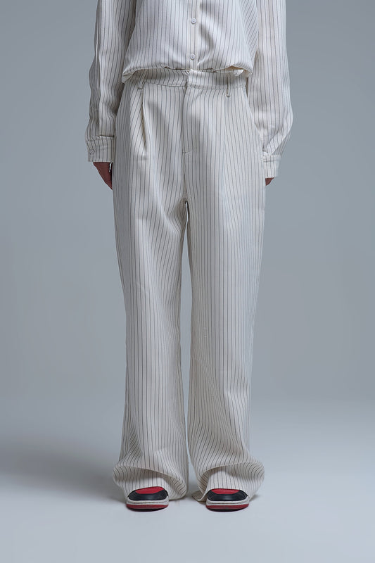 Q2 Chic Pinstripe Cream Wide-Leg Pants with Lined Fit