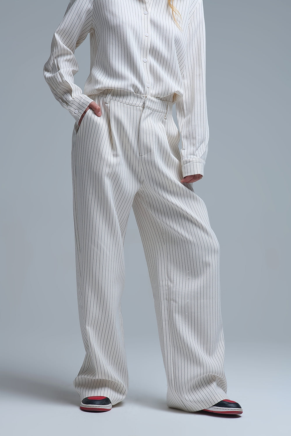 Chic Pinstripe Cream Wide-Leg Pants with Lined Fit