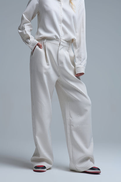 Chic Pinstripe Cream Wide-Leg Pants with Lined Fit