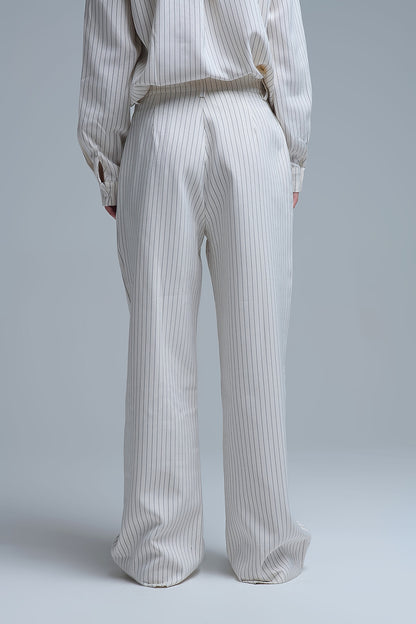 Chic Pinstripe Cream Wide-Leg Pants with Lined Fit