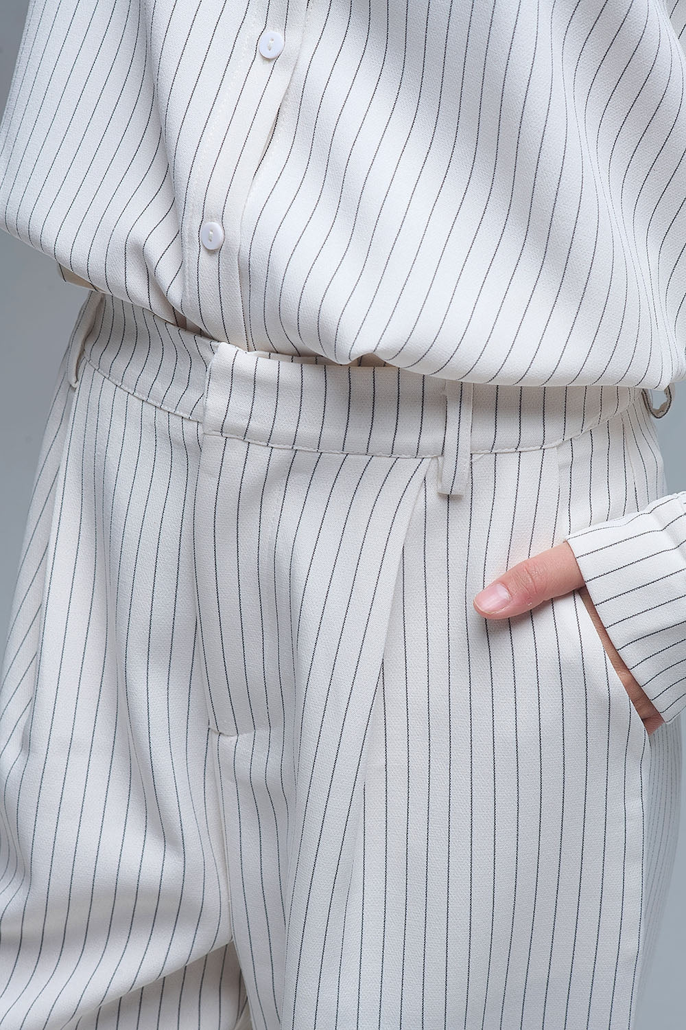 Chic Pinstripe Cream Wide-Leg Pants with Lined Fit