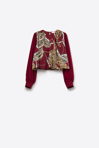 Chic Red Cropped Blouse with Abstract Print