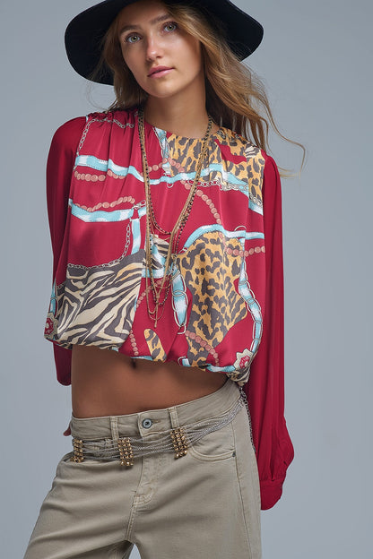 Q2 Chic Red Cropped Blouse with Abstract Print