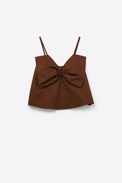 Chocolate Brown poplin crop top with bow detail