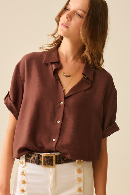Chocolate Brown shirt with short sleeves and pleat on the sleeve