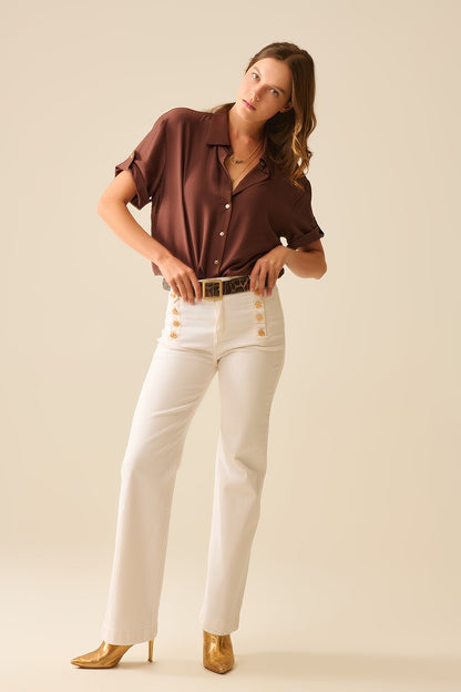 Chocolate Brown shirt with short sleeves and pleat on the sleeve