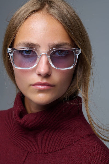 Q2 Clear Square Sunglasses with blue Gradient Lenses and metal side detail