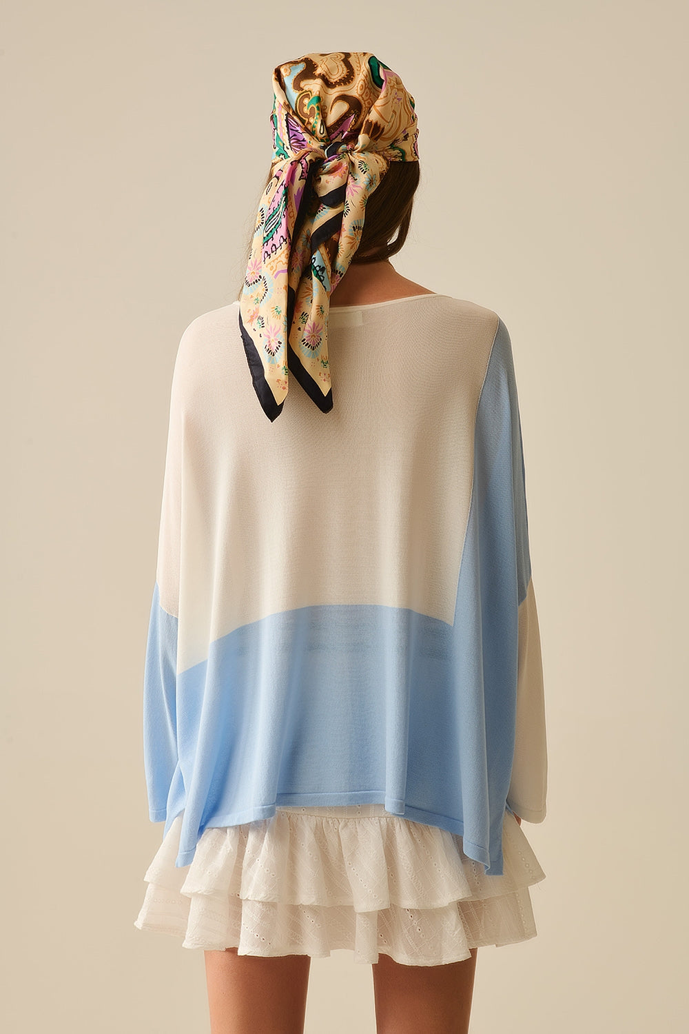 Color Block Bat Wing Sweater In White and blue