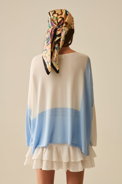 Color Block Bat Wing Sweater In White and blue