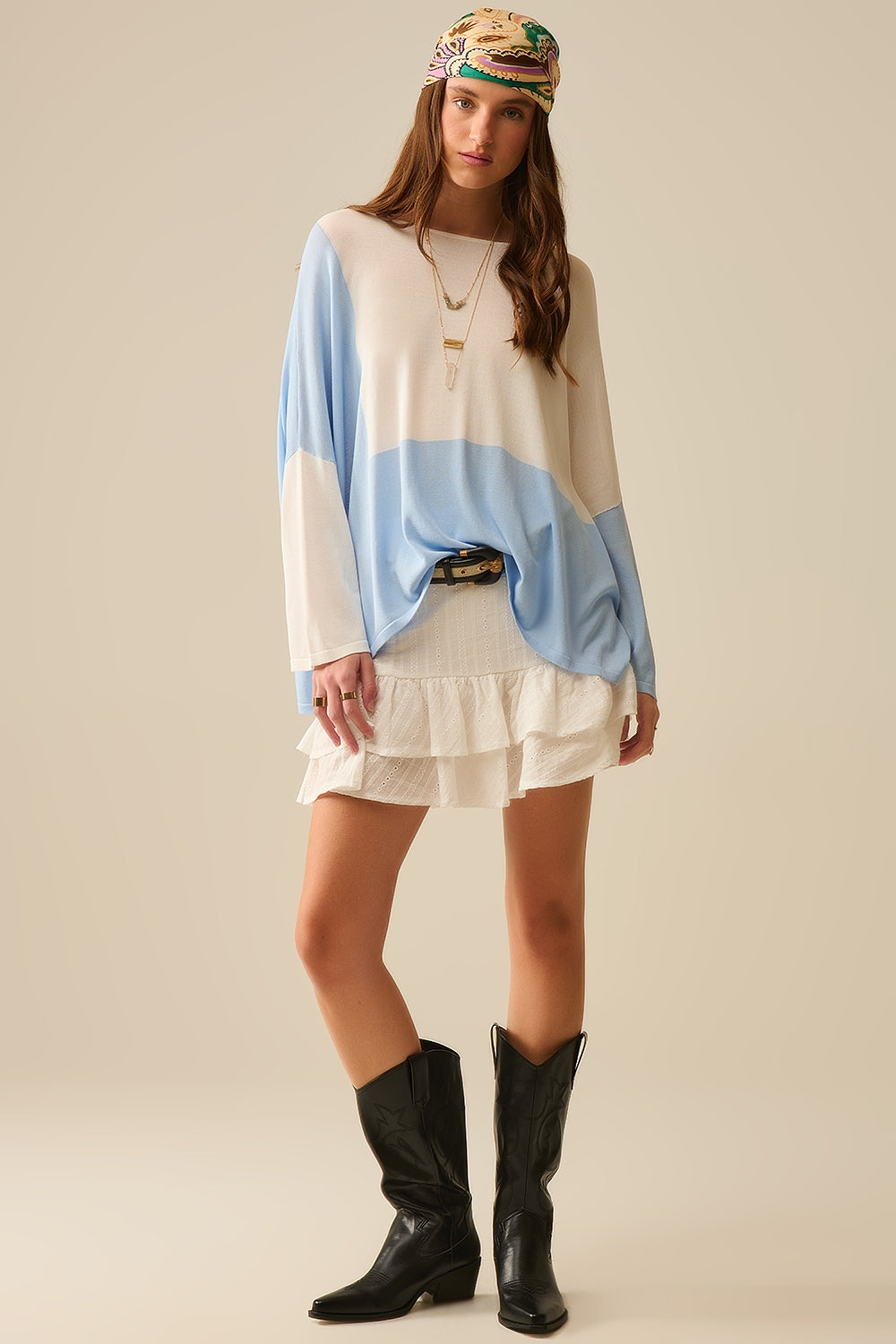 Color Block Bat Wing Sweater In White and blue