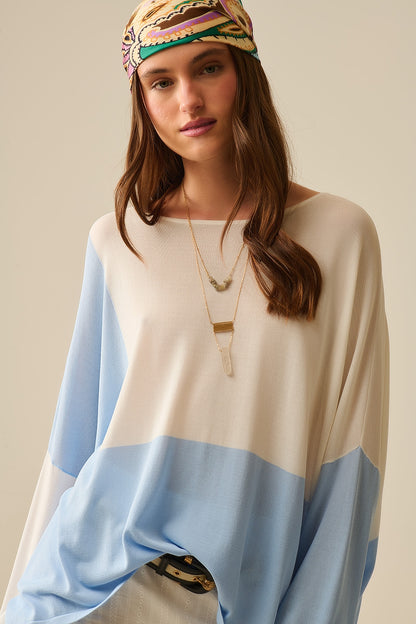 Color Block Bat Wing Sweater In White and blue