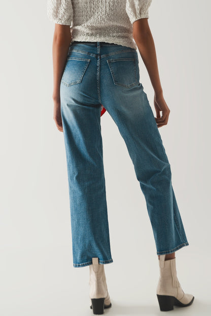 Cotton high waist straight leg jeans in vintage blue
