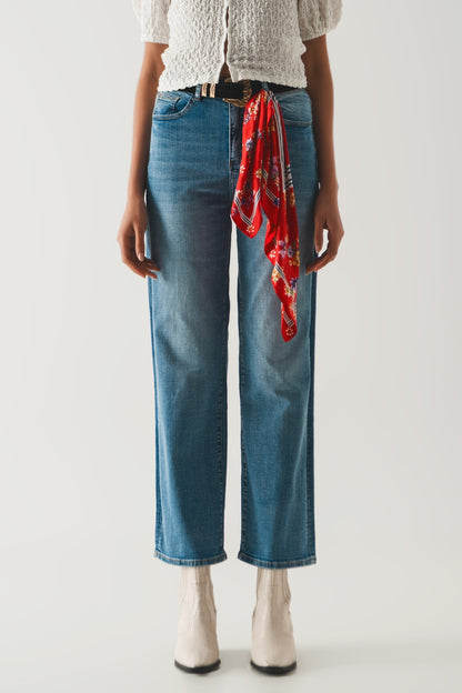 Cotton high waist straight leg jeans in vintage blue