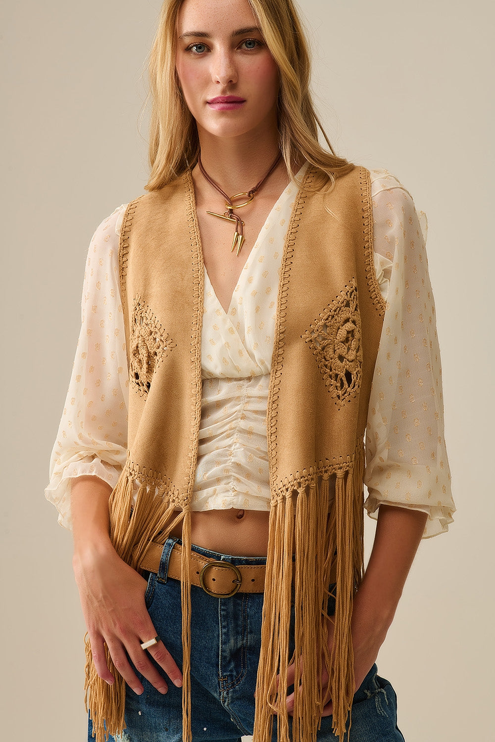 Q2 Cowgirl Style Fringe Faux Suede Vest in Camel