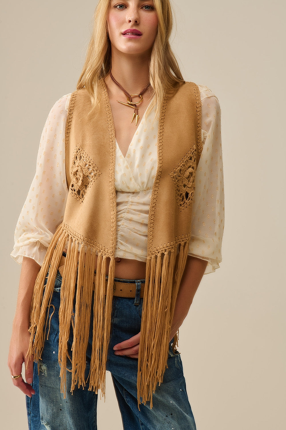 Cowgirl Style Fringe Faux Suede Vest in Camel