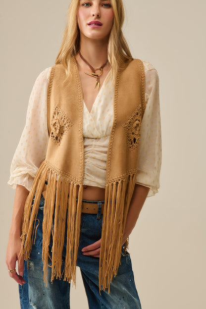 Cowgirl Style Fringe Faux Suede Vest in Camel