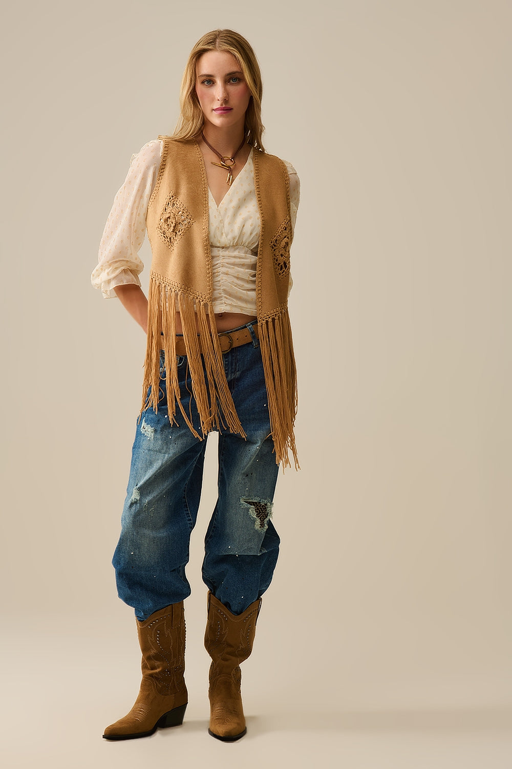 Cowgirl Style Fringe Faux Suede Vest in Camel