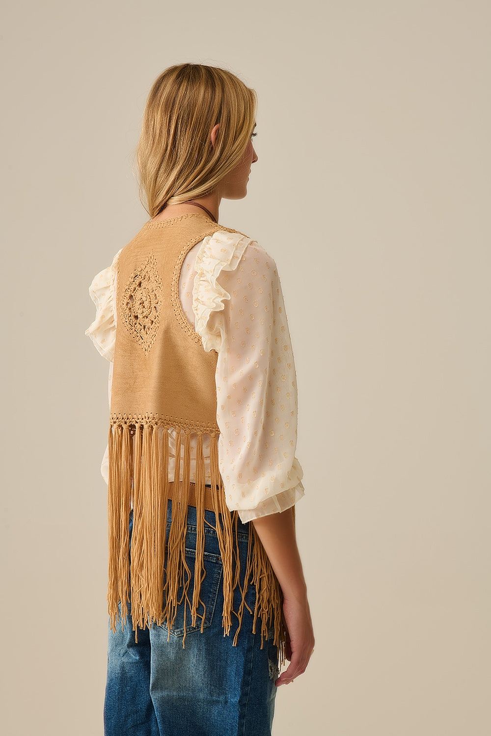 Cowgirl Style Fringe Faux Suede Vest in Camel