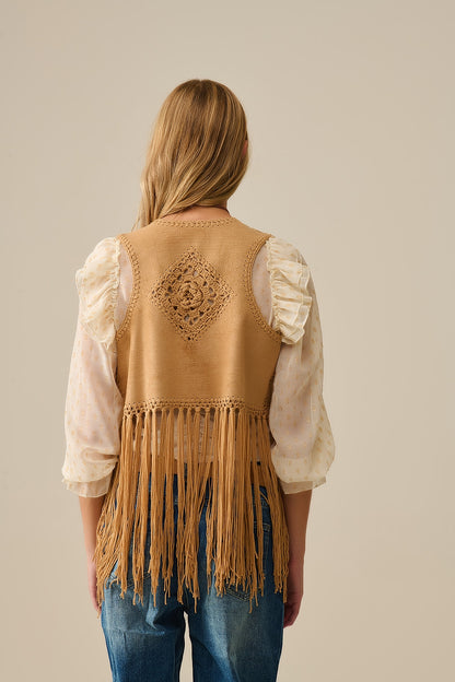 Cowgirl Style Fringe Faux Suede Vest in Camel